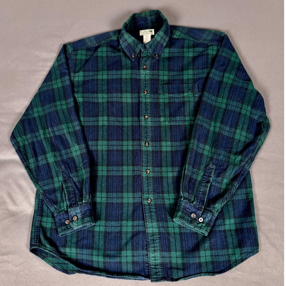 L.L. Bean Flannel Shirt Mens Large Green Blue Black Watch Tartan Plaid Cotton